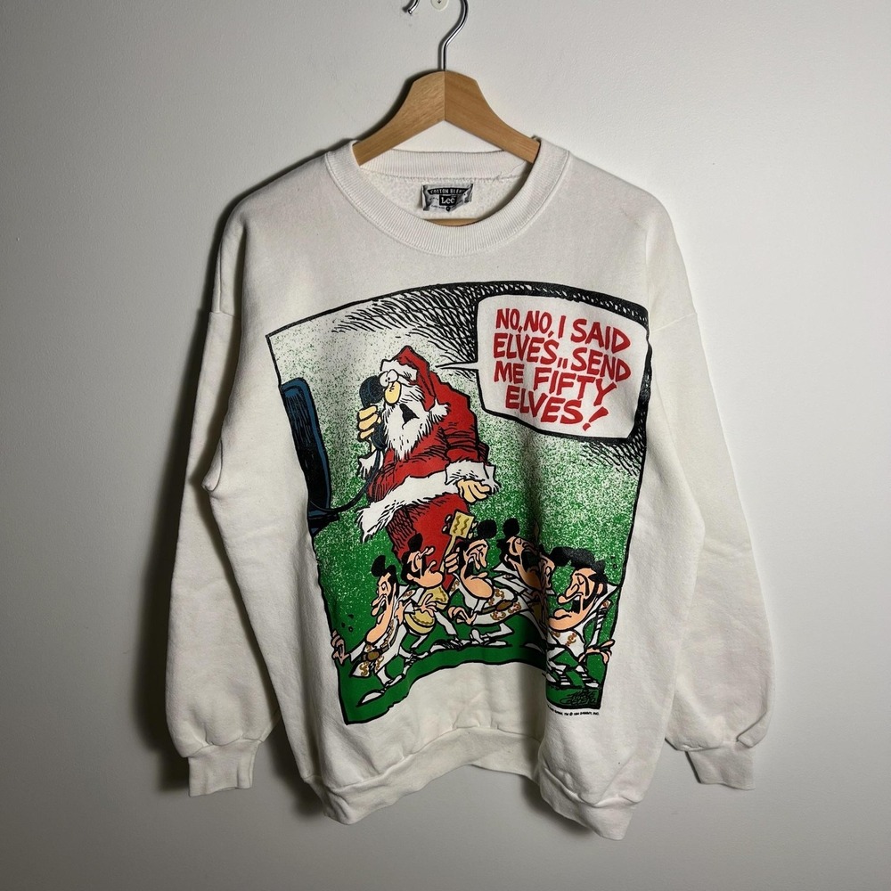 Vintage Lee Sweatshirt Mens XL White Santa Elvis Elves Christmas Graphic 90s